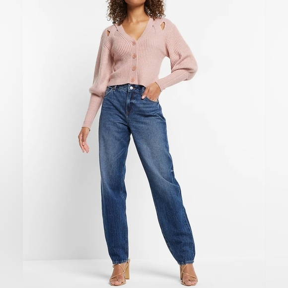 Express V-Neck Balloon Sleeve Criss Cross Cutout Cardigan | Dusty Mauve | XL - Picture 3 of 9